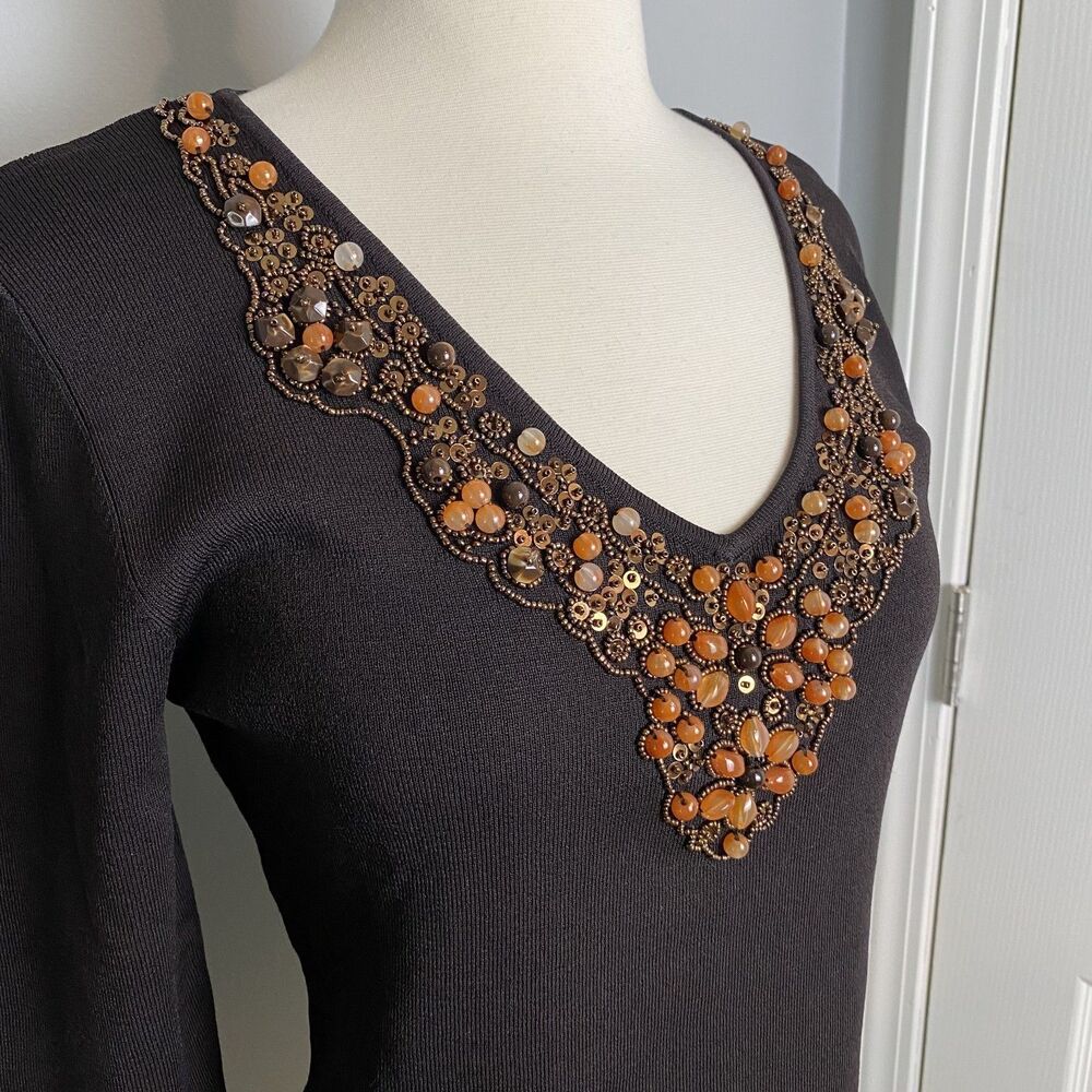 Ruby Rd. Women's Beaded V-Neck Sweater Top with 3/4 Sleeves, Size Small